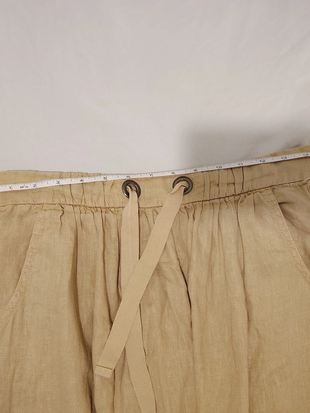 100% Linen Tan Drawstring Elastic Waist Mini Skirt